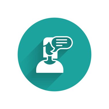 Beyaz kadın görüş simgesi uzun gölge arkaplanı ile izole edildi. Yeşil daire düğmesi. Vektör