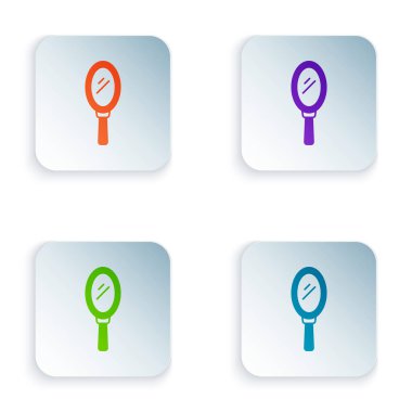 Beyaz arkaplanda izole edilmiş Renkli El ayna simgesi. Kare düğmelere renkli simgeleri yerleştir. Vektör