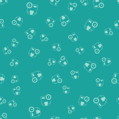 Yeşil karton karton kutu ve hızlı teslimat ikonu yeşil arka planda izole edilmiş kusursuz desen. Kutu, paket, paket işareti. Teslimat ve ambalaj. Vektör