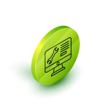 İngiliz anahtarı simgesi beyaz arkaplanda izole edilmiş Isometric çizgi bilgisayar monitörü. Ayarlama, servis, ayar, bakım, onarım. Yeşil daire düğmesi. Vektör