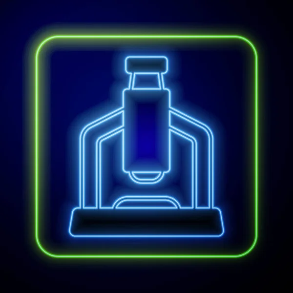 Zářící ikona neonového mikroskopu izolovaná na modrém pozadí. Chemie, farmaceutický nástroj, zvětšovací nástroj mikrobiologie. Vektor — Stockový vektor