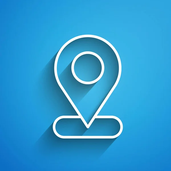 Línea blanca Icono de pin de mapa aislado sobre fondo azul. Navegación, puntero, ubicación, mapa, GPS, dirección, lugar, brújula, concepto de búsqueda. Larga sombra. Vector — Vector de stock