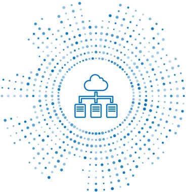 Mavi Hat Çevrimiçi çalışan simge beyaz arkaplanda izole edildi. Evinde dizüstü bilgisayarla çalışan serbest çalışan bir adam. Uzaktan kumanda. Mesafeli iş kavramı. Soyut çember rastgele noktalar. Vektör