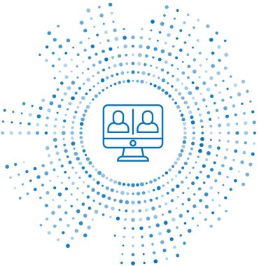 Mavi çizgi görüntülü sohbet konferansı simgesi beyaz arkaplanda izole edildi. Çevrimiçi iş görüşmesi formu. Uzak proje yönetimi. Soyut çember rastgele noktalar. Vektör