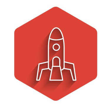 Beyaz çizgi roket gemi ikonu uzun gölgeli izole edildi. Uzay yolculuğu. Kırmızı altıgen düğmesi. Vektör