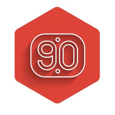 Beyaz çizgi 90 'ların Retro simgesi uzun gölgeli izole edildi. Doksanların posteri. Kırmızı altıgen düğmesi. Vektör