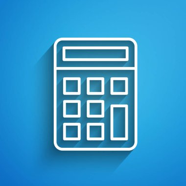 Beyaz çizgi hesap makinesi simgesi mavi arkaplanda izole edildi. Muhasebe sembolü. İş hesaplamaları matematik eğitimi ve finans. Uzun gölge. Vektör