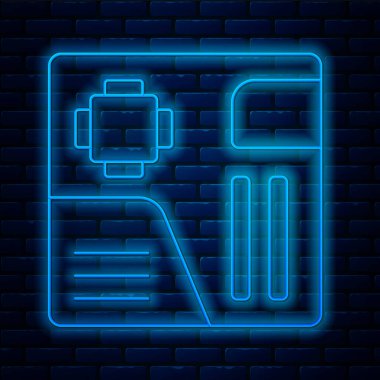 Parlayan neon hattı Elektronik bilgisayar bileşenleri anakart dijital çip entegre bilim ikonu tuğla duvar arka planında izole edildi. Devre kartı. Vektör