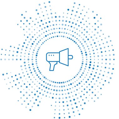 Mavi çizgi Megafon simgesi beyaz arkaplanda izole edildi. Sözcü işareti. Soyut çember rastgele noktalar. Vektör