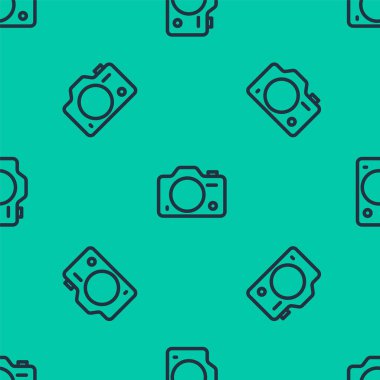 Mavi çizgi fotoğraf makinesi simgesi yeşil arkaplandaki kusursuz deseni izole etti. Foto kamera. Dijital fotoğrafçılık. Vektör