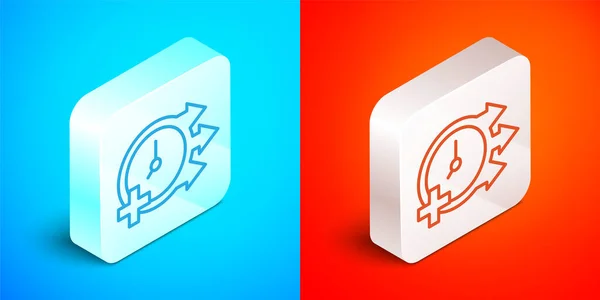 Isometric line Clock icon isolated on blue and red background. Time symbol. Silver square button. Vector — Stock Vector