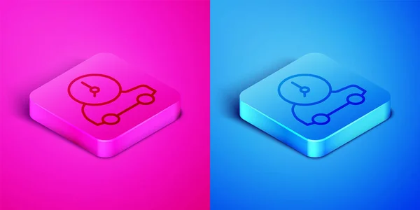 일렉트릭 카와 전기 케이블 플러그 충전 아이콘 이 분홍색 과 파란색 배경에 분리되어 있습니다. 재생 가능 한 생태 기술. 스퀘어 버튼이요. Vector — 스톡 벡터