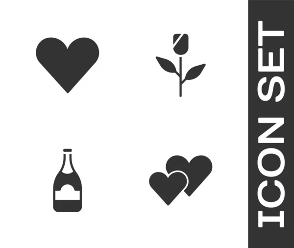 Set Heart,, botella de champán e icono de rosa flor. Vector — Archivo Imágenes Vectoriales