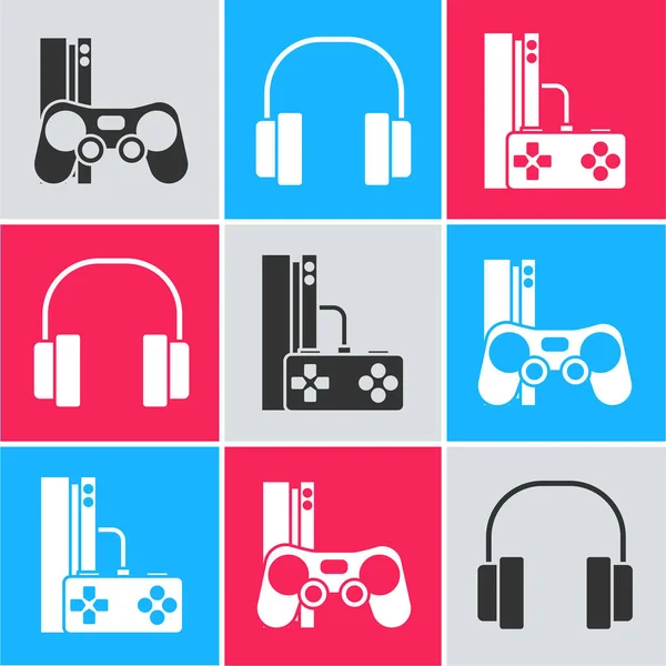 Ορισμός κονσόλας παιχνιδιού με χειριστήριο, ακουστικά και κονσόλα παιχνιδιών με εικονίδιο χειριστηρίου. Διάνυσμα — Διανυσματικό Αρχείο