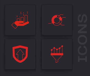 Satış hunisini grafikle, finansal büyümeyle, pasta bilgisiyle ve simgeyle ayarla. Vektör