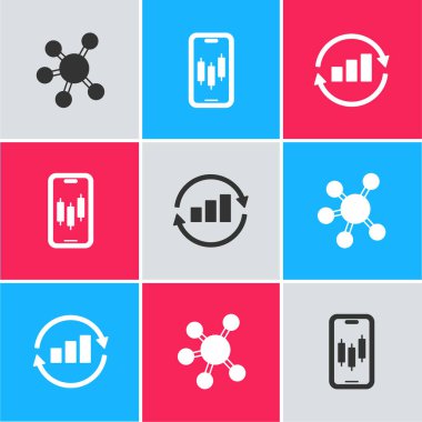 Proje ekibi tabanı, mobil hisse senedi ticareti ve grafik grafik bilgi simgesi ayarla. Vektör