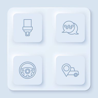 Emniyet kemeri, taksi, telefon, direksiyon ve taksi durağı ayarlayın. Beyaz kare düğme. Vektör