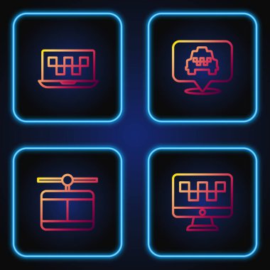 Bilgisayar, taksi, kablo, dizüstü bilgisayar ve konum servisini ayarla. Renk simgeleri. Vektör