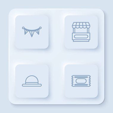 Bayraklı karnaval çelengi, Fast Street yemek arabası, palyaço şapkası ve sirk bileti. Beyaz kare düğme. Vektör