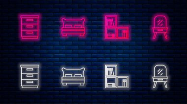 Büyük yatak, kitaplı raf, mobilya sehpası ve makyaj masası. Tuğla duvarda parlayan neon simgesi. Vektör