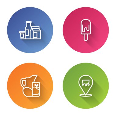 Süt ürünleri, dondurma, sürahi ya da sürahi ve cam ve memeler. Renkli daire düğmesi. Vektör