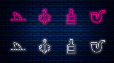 Anchor, Alkol içeceği rom, Köpekbalığı yüzgeci okyanus dalgası ve tüttürme piposu. Tuğla duvarda parlayan neon simgesi. Vektör