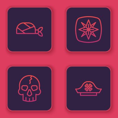 Kelle için korsan bandanası, Kafatası, Rüzgar gülü ve şapka. Mavi kare düğme. Vektör