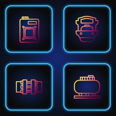 Petrol deposu, metal borular ve valf, motor yağı ve tanker gemisi için teneke kutu ayarlayın. Renk simgeleri. Vektör