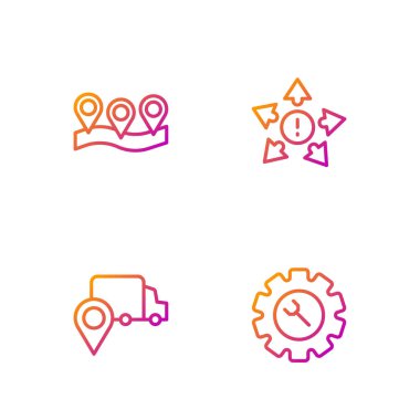 Çizgi anahtarı ve teçhizat, teslimat takibi, konum ve birçok yön oku ayarlayın. Renk simgeleri. Vektör