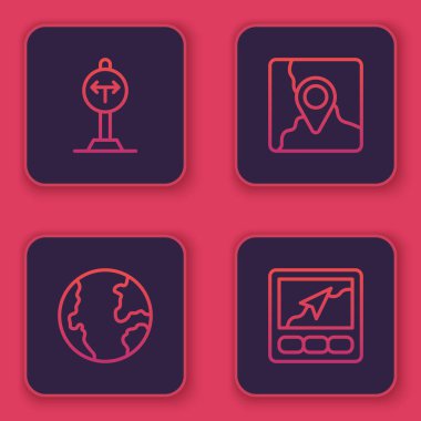 Yol ayrımını ayarlayın, Dünya küresi, konum belirleyici ve GPS cihazı ile katlanmış harita. Mavi kare düğme. Vektör