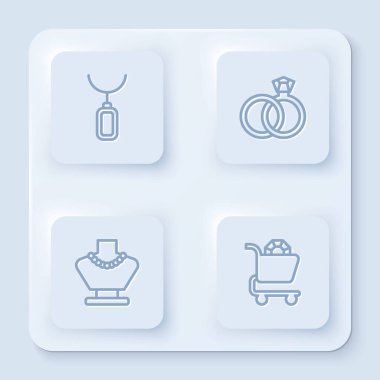 Kolye, alyans, kolye mankeni ve mücevher alışverişi. Beyaz kare düğme. Vektör