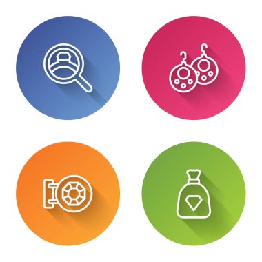 Elmas nişan yüzüğü, küpeler, mücevher mağazası ve mücevher dolu çanta. Renkli daire düğmesi. Vektör