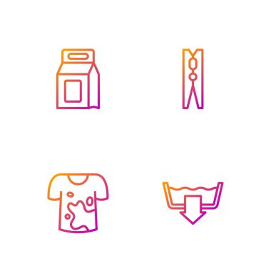 Sıralı çamaşır yıkama modları, kirli tişörtler, çamaşır deterjanı ve mandallar. Renk simgeleri. Vektör