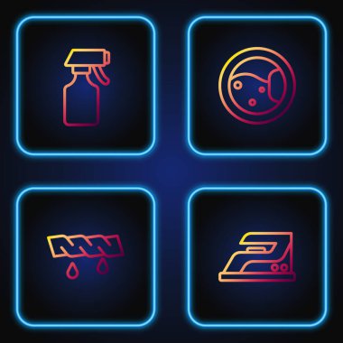 Halat, elektrikli ütü, sıkma giysiler, su püskürtme şişesi ve çamaşır makinesi. Renk simgeleri. Vektör