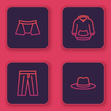 Çizgili erkek iç çamaşırı, pantolon, kapüşon ve erkek şapkası. Mavi kare düğme. Vektör