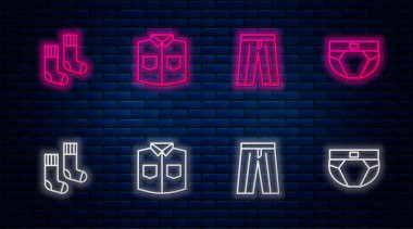 Gömlek, Pantolon, Çorap ve Erkek iç çamaşırları. Tuğla duvarda parlayan neon simgesi. Vektör