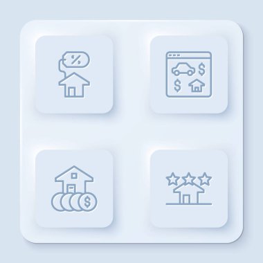 Percant, Online emlak, dolar ve Real ile House 'u ayarla. Beyaz kare düğme. Vektör