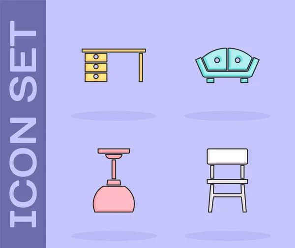 Set Stuhl, Schreibtisch, Lampe hängen und Sofa-Symbol. Vektor — Stockvektor