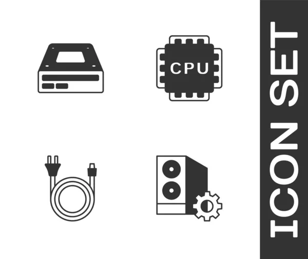 Set Caja de ordenador, Unidad de disco óptico, Enchufe eléctrico y procesador con icono de CPU. Vector — Archivo Imágenes Vectoriales