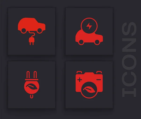 Set Eco natura foglia batteria, auto elettrica, e risparmio spina in icona. Vettore — Vettoriale Stock