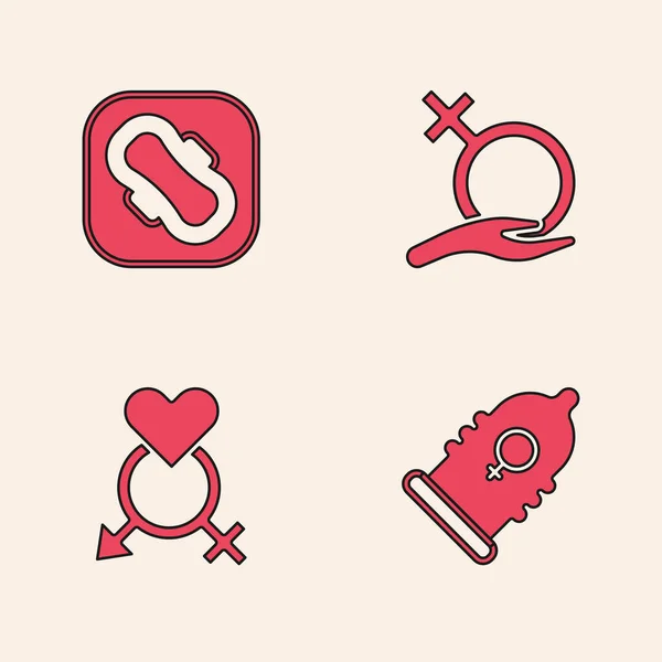 Set Condoom, maandverband, vrouwelijk geslacht en genderpictogram. Vector — Stockvector