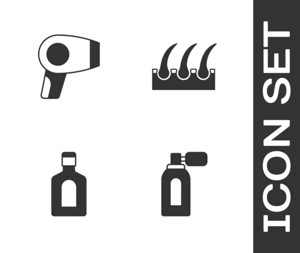 Set Aftershave con atomizador, Secador de pelo, Botella de champú e icono del folículo piloso humano. Vector — Vector de stock