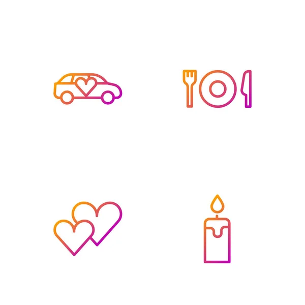 Set line Vela ardiente, corazón, coche limusina y placa, cuchillo tenedor. Iconos de color degradado. Vector — Vector de stock