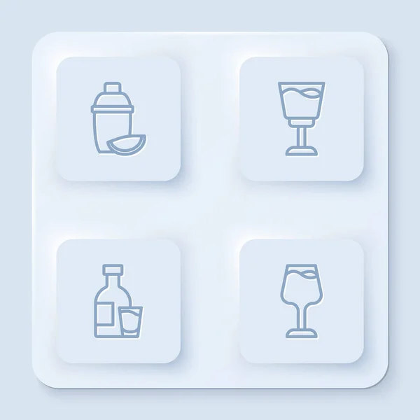 Set linea Cocktail shaker con lime, bicchiere di vino, bottiglia di vodka e. Pulsante quadrato bianco. Vettore — Vettoriale Stock