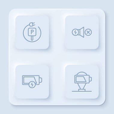 Hattı şarj eden elektrikli araba, elektrikli motor, düşük pil ve pil şarjı ayarlayın. Beyaz kare düğme. Vektör