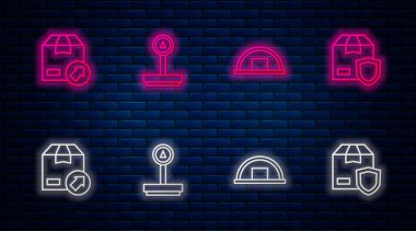 Satır Ölçeği, Depo, Karton Karton Kutu ve Kalkanlı Teslimat Güvenliği. Tuğla duvarda parlayan neon simgesi. Vektör