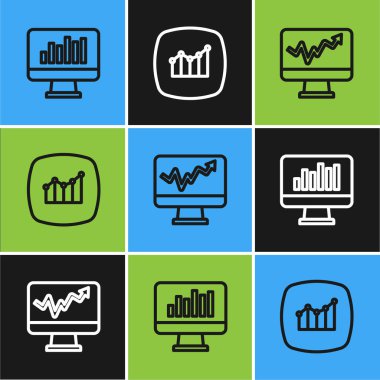 Grafik grafiği ve finansal büyüme ikonu ile çizgi monitörünü ayarla. Vektör