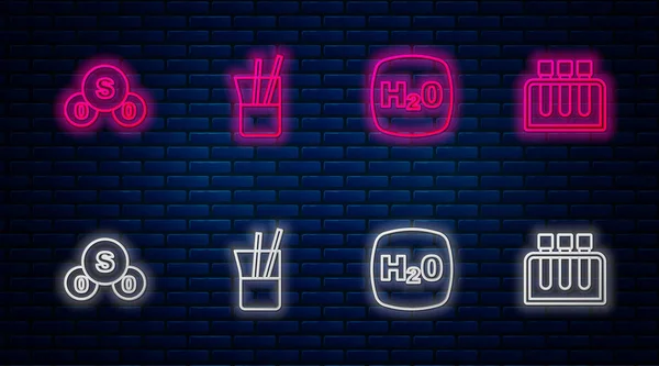 Set line Laboratory glassware, Chemical formula H2O, Sulfur dioxide SO2 and Test tube. Glowing neon icon on brick wall. Vector — Stock Vector