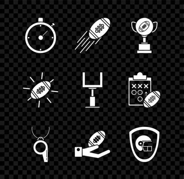 Set cronómetro, pelota de fútbol americano, Copa de premios y fútbol, silbato, en la mano, escudo del casco, y el icono de poste de gol. Vector — Vector de stock