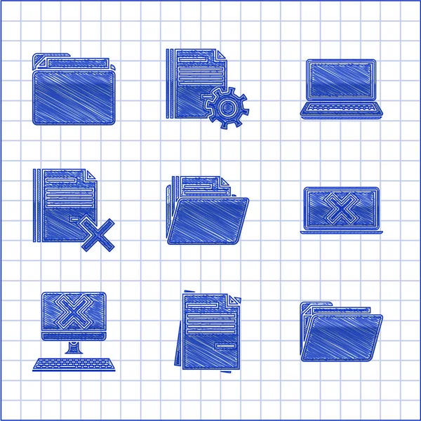 Imposta cartella Documento, Documento File, Laptop e croce sullo schermo, Computer con tastiera x, Elimina file e icona. Vettore — Vettoriale Stock